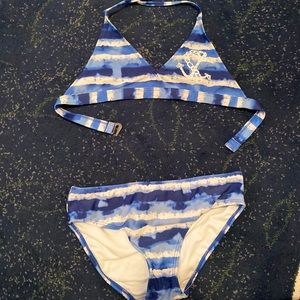 Girls blue and white anchor bikini with strings